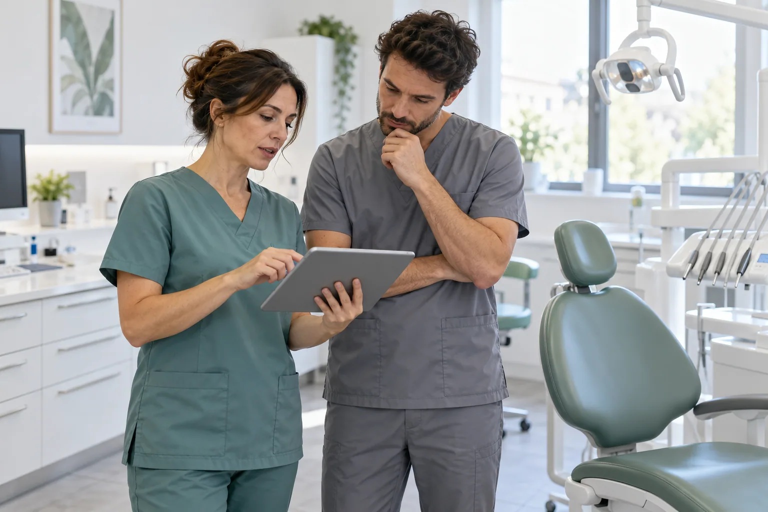 Due professionisti coordinano il lavoro accanto a un riunito vuoto.