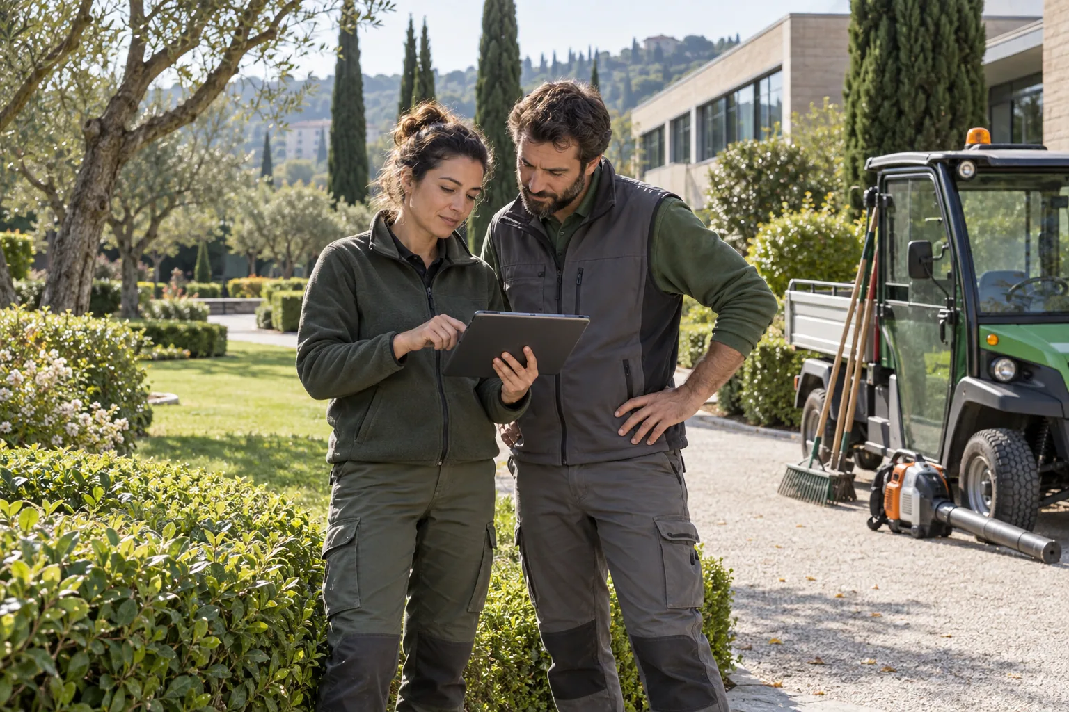 Due operatori coordinano le attivita' con un tablet in un'area verde.