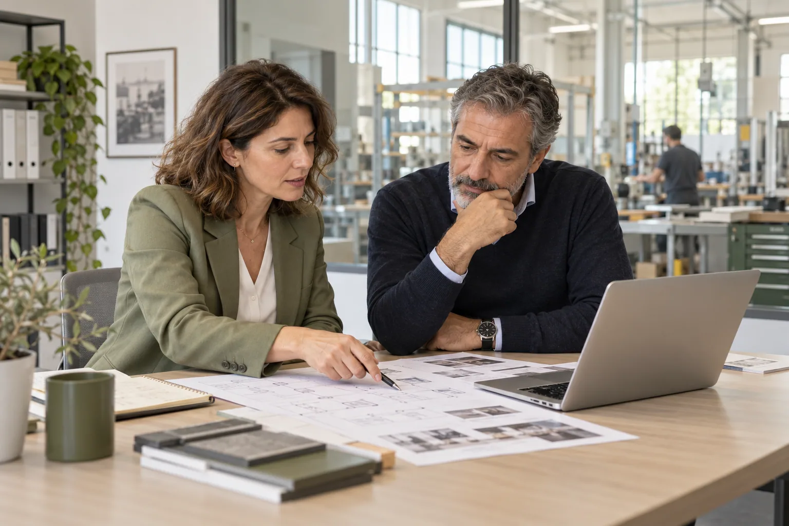 Consulente e imprenditore analizzano insieme documenti e strumenti di lavoro.