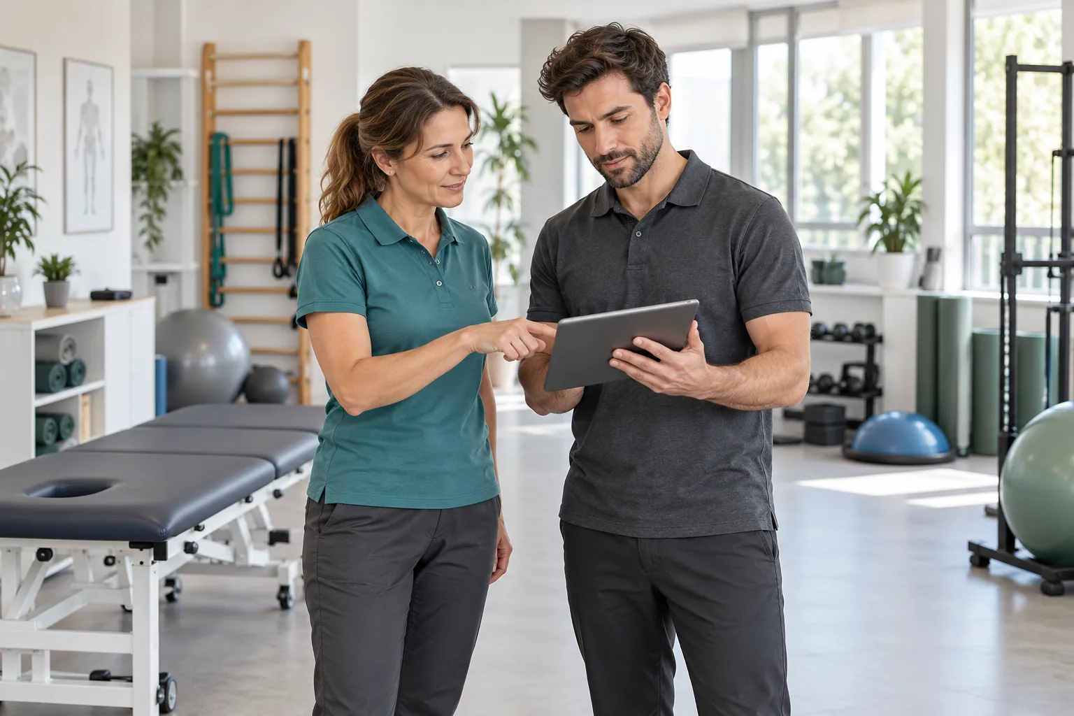 Due fisioterapisti coordinano il lavoro e l'utilizzo degli spazi su un tablet.