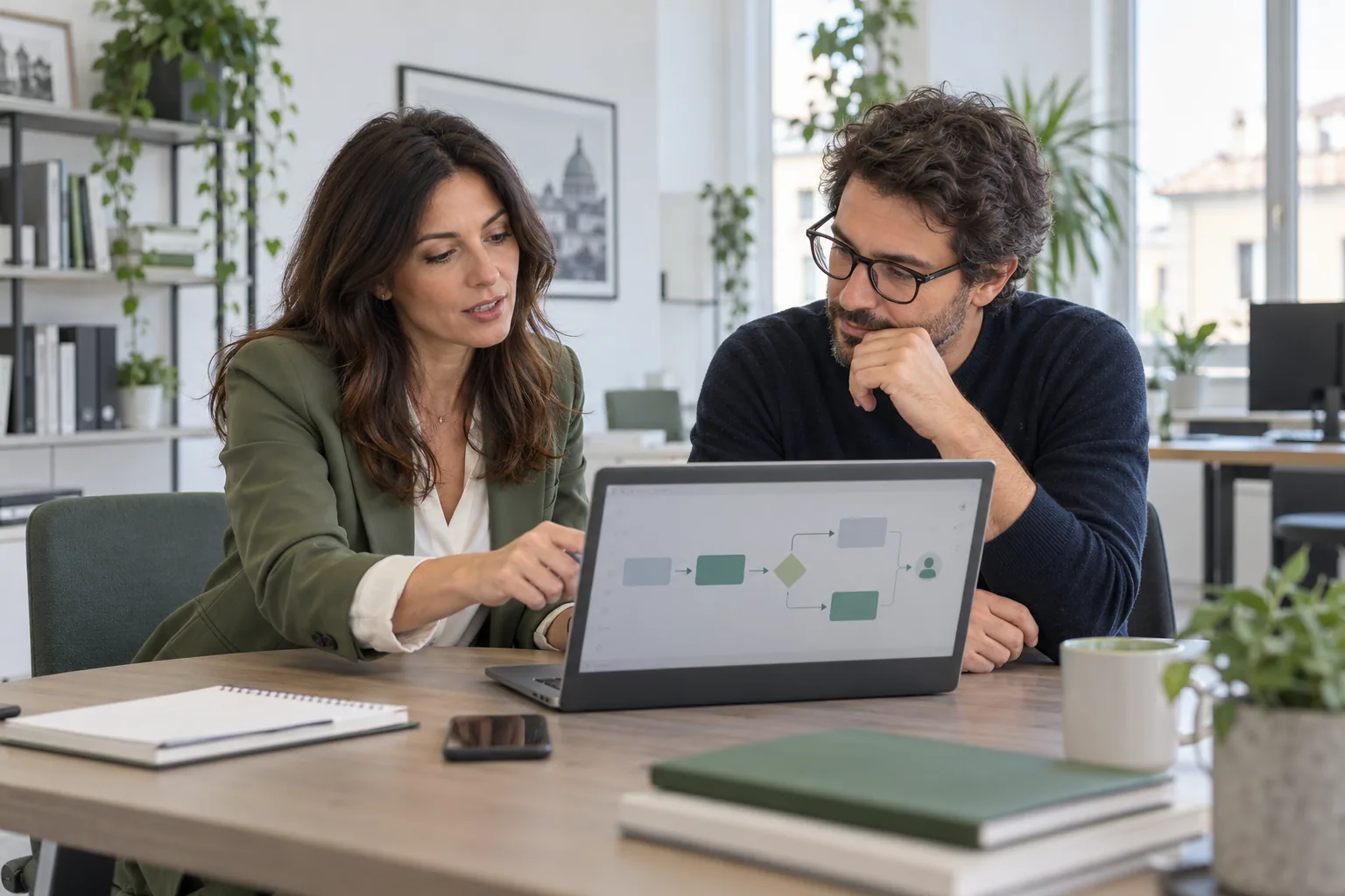 Consulente e sviluppatore lavorano insieme su uno strumento digitale.